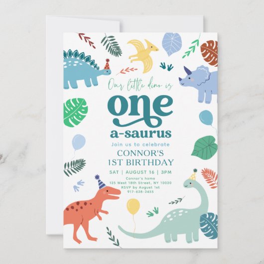 Invitation Blue Boy Dinosaur Boho 1er anniversaire (Devant)