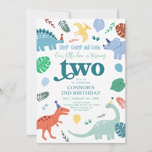 Invitation Blue Boy Dinosaur Feuille 2e anniversaire (Devant)