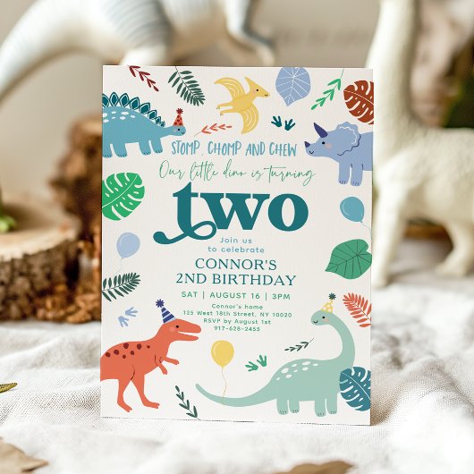 Invitation Blue Boy Dinosaur Feuille 2e anniversaire