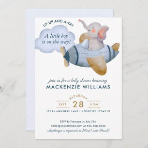 Invitation Blue Boy Elephant Plane Baby shower aquarelle