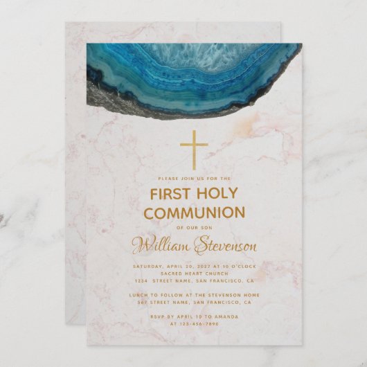 Invitation Blue Boy First Communion Geode Marble Gold Cross (Devant / Derrière)