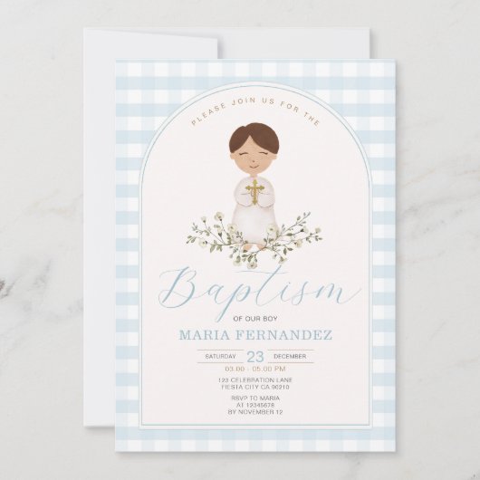 Invitation Blue Boy Moderne Verdure Baptême En vichy (Devant)
