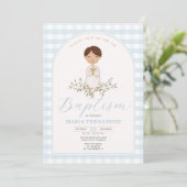 Invitation Blue Boy Moderne Verdure Baptême En vichy (Debout devant)