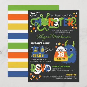 Invitation Blue Boy Monster Typographie Baby shower Halloween