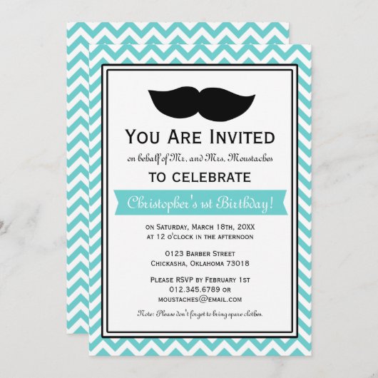 Invitation Blue Boy Mustache Chevron Anniversaire (Devant / Derrière)