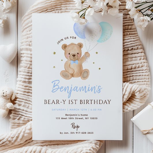 Invitation Blue Boy Teddy Bear Balloon First Birthday