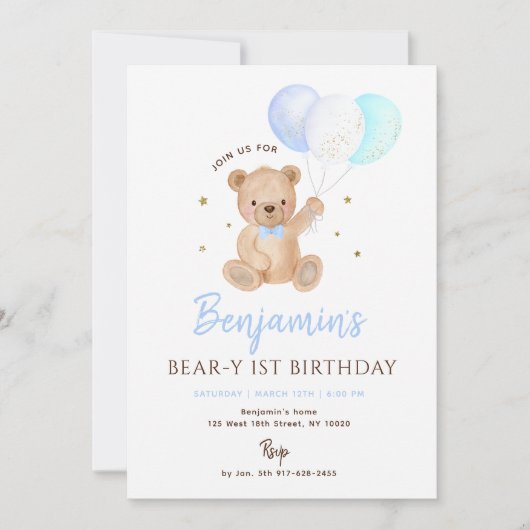 Invitation Blue Boy Teddy Bear Balloon First Birthday (Devant)