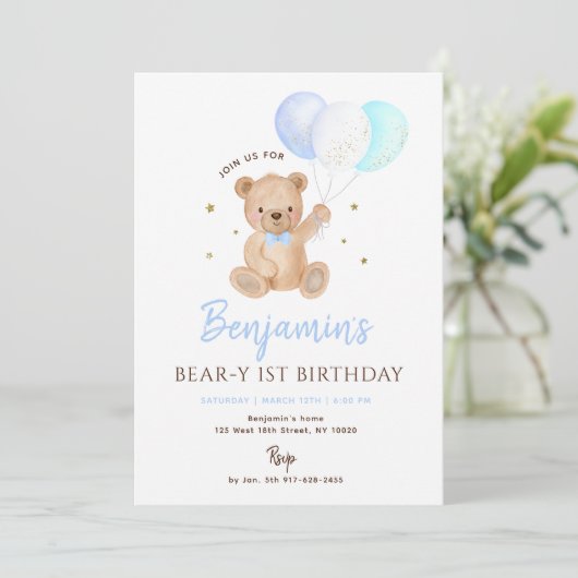 Invitation Blue Boy Teddy Bear Balloon First Birthday (Debout devant)