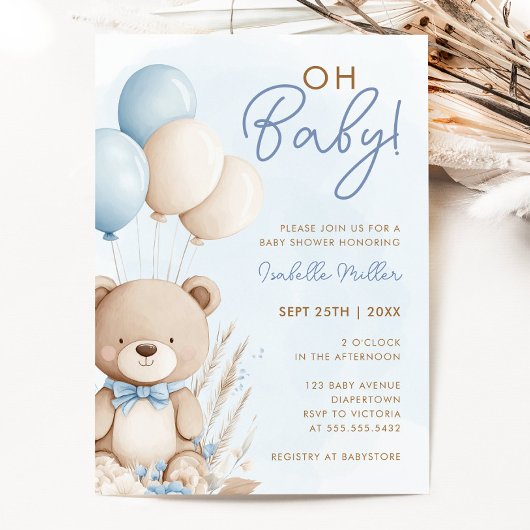 Invitation Blue Boy Teddy Bear Boho Baby shower