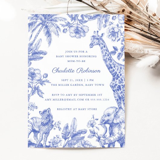 Invitation Blue Boy Toile Safari Élégant Baby shower