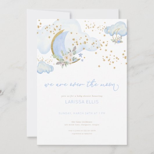 Invitation Blue Boy We are Over the Moon Baby shower Invitati (Devant)
