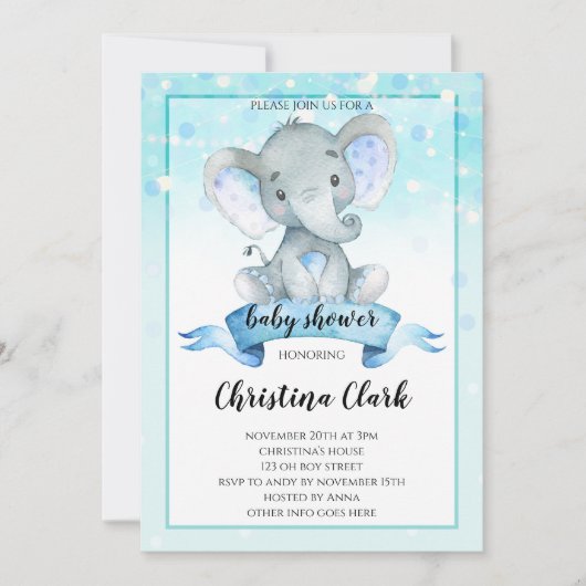 Invitation Blue Boys Baby Elephant Baby shower (Devant)