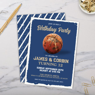 Invitation Blue Boys Basketball Thème Double Anniversaire