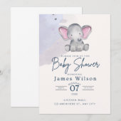 Invitation Blue Boy's Elephant Watercolor Baby shower (Devant / Derrière)