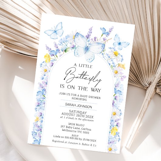 Invitation Blue Boys Fleur sauvage Petit Papillon Baby shower