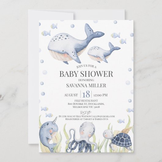 Invitation Blue Boys Under the Sea Whale Calf Baby shower (Devant)