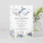 Invitation Blue Boys Under the Sea Whale Calf Baby shower (Debout devant)