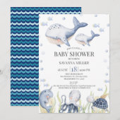 Invitation Blue Boys Under the Sea Whale Calf Baby shower (Devant / Derrière)