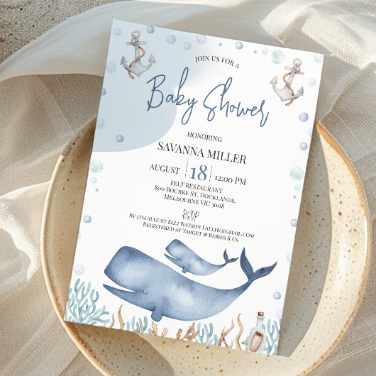 Invitation Blue Boys Whale Calf Baby shower