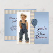 Invitation Blue Brown Boys Photo 1er Anniversaire (Devant / Derrière)