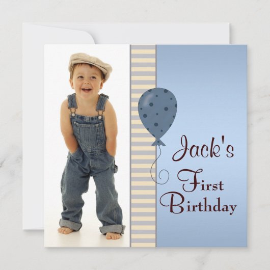 Invitation Blue Brown Boys Photo 1er Anniversaire (Devant)