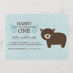 Invitation Blue & Brown Forest Bear Boys Anniversaire Invitat