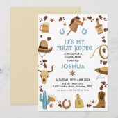 Invitation Blue Brown Mon premier Rodéo Cowboy 1er anniversai (Devant / Derrière)