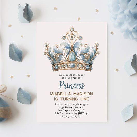 Invitation Blue Brown Princess Crown 1er anniversaire
