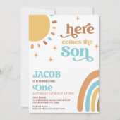 Invitation Blue Brown Retro Voici Le Soleil 1er Anniversaire (Devant)
