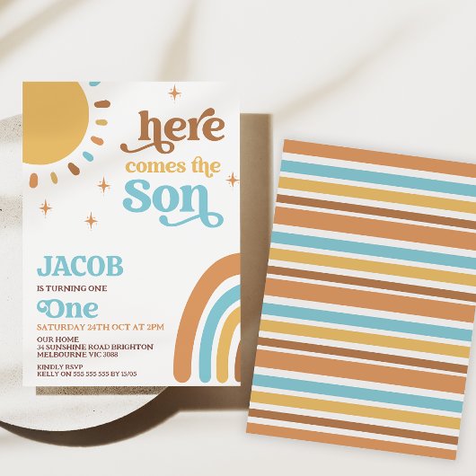 Invitation Blue Brown Retro Voici Le Soleil 1er Anniversaire