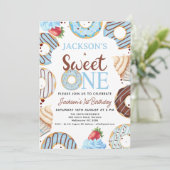 Invitation Blue Brown Sweet One Donut Anniversaire (Debout devant)