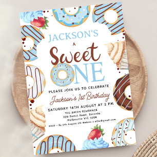 Invitation Blue Brown Sweet One Donut Anniversaire