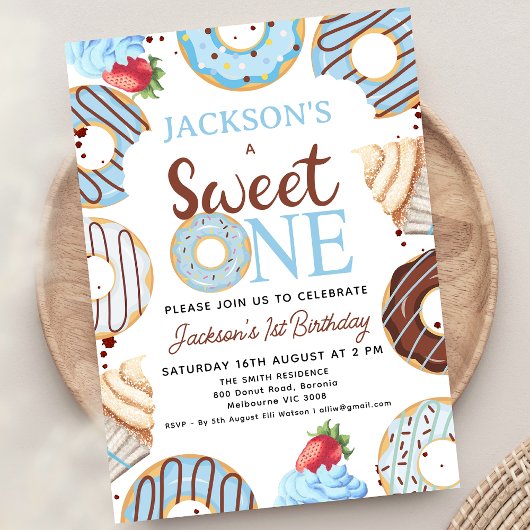 Invitation Blue Brown Sweet One Donut Anniversaire