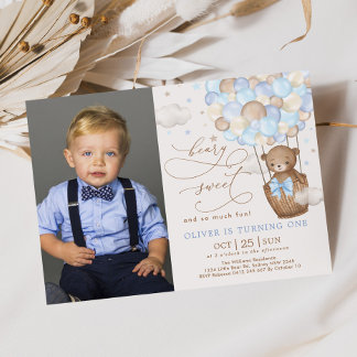 Invitation Blue Brown Teddy Bear Hot Air Balloon 1er annivers