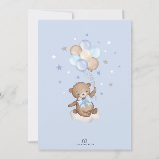 Invitation Blue Brown Teddy Bear Hot Air Balloon Boy Annivers (Dos)