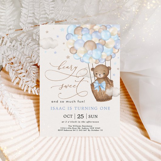 Invitation Blue Brown Teddy Bear Hot Air Balloon Boy Annivers
