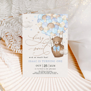 Invitation Blue Brown Teddy Bear Hot Air Balloon Boy Birthday