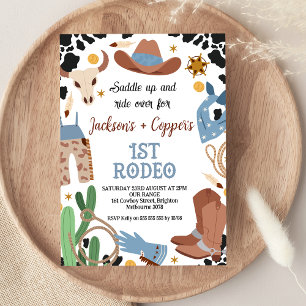 Invitation Blue Brown Twin Boys First Rodeo 1er anniversaire