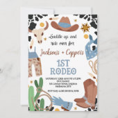 Invitation Blue Brown Twin Boys First Rodeo 1er anniversaire (Devant)