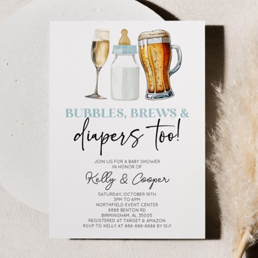 Invitation Blue Bubbles Brews et Diapers aussi! Baby shower