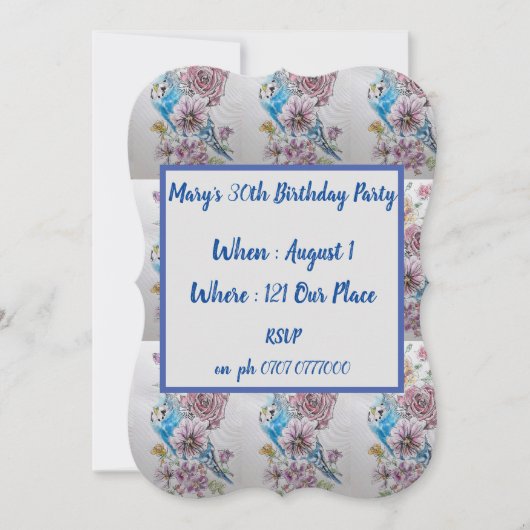 Invitation Blue Budgie Rose Floral 40e anniversaire Invitatio (Devant)