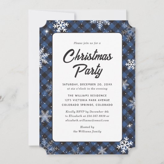Invitation Blue Buffalo Plaid Snowflake Christmas Party (Devant)