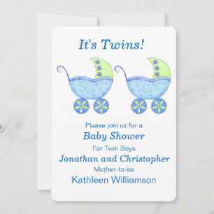 Invitation Blue Buggy Carriage Twin Boys Baby shower