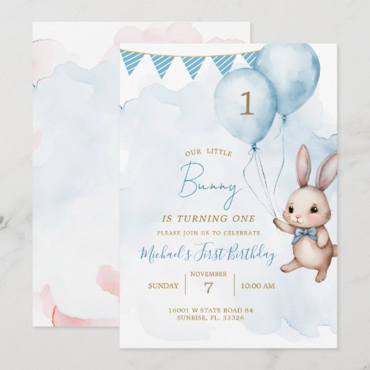Invitation Blue Bunny Pâques fête d'anniversaire (Devant / Derrière)