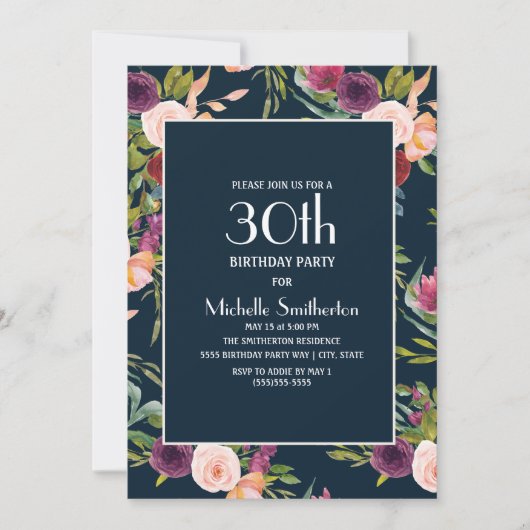 Invitation Blue Burgundy Blush Floral 30e anniversaire (Devant)