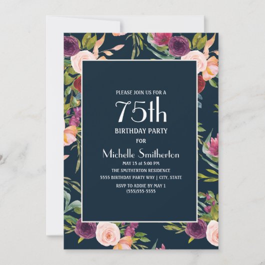 Invitation Blue Burgundy Blush Floral 75e anniversaire (Devant)