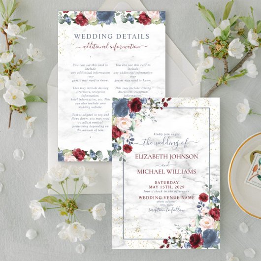 Invitation Blue Burgundy Blush Gold Floral Details Wedding