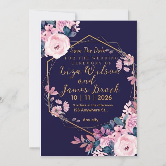 Invitation Blue Burgundy Navy Gold Blush Pink Wedding  (Devant)