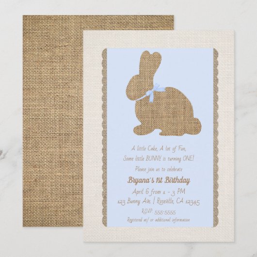 Invitation Blue & Burlap Bunny rustique Pâques 1er anniversai (Devant / Derrière)