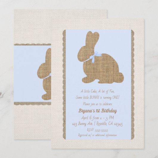 Invitation Blue & Burlap Bunny rustique Pâques 1er anniversai (Devant / Derrière)